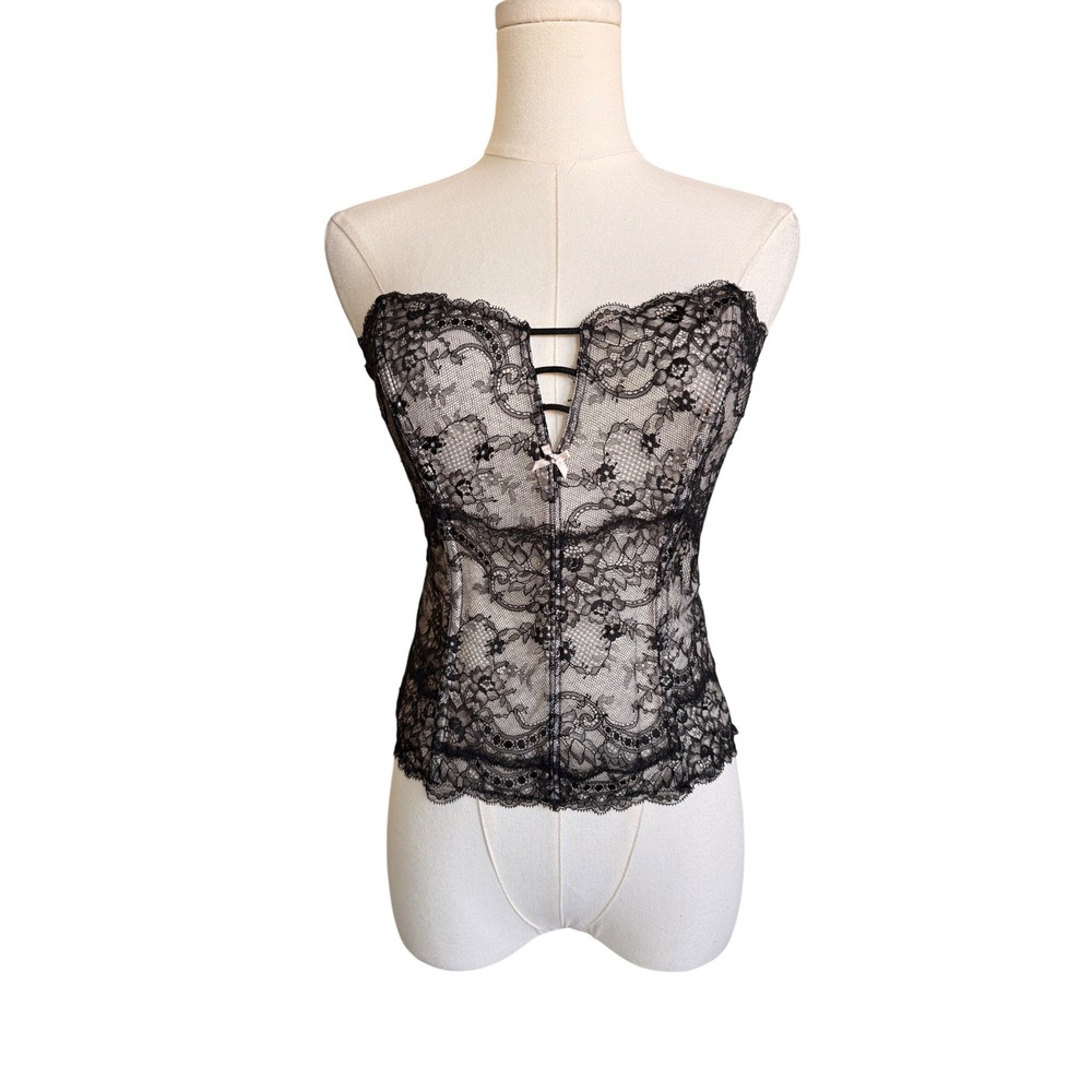 Victorias Secret Black Floral Lace Corset Top Strapless Bustier Boned Large